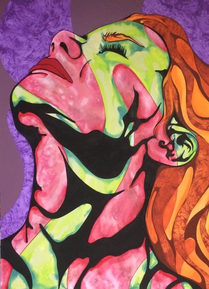 A head tipped back with eyes closed, the face in pink and lime green, long orange hair falling away against violet.