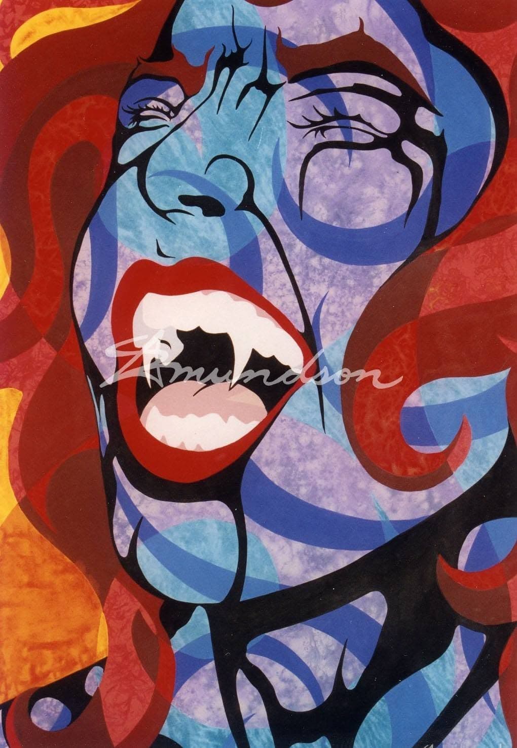 A face thrown back with the mouth open, painted in blue and violet, surrounded by red and orange hair.